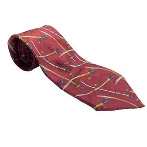 Vintage Lands End Mens Red Sword Printed Silk Neck Tie